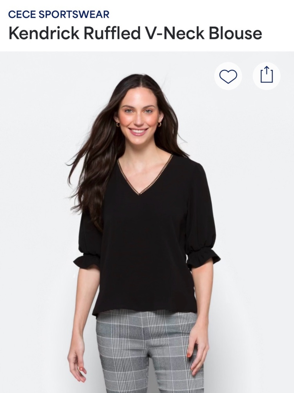 CeCe Kendrick Ruffled V-Neck Blouse - Black size L NWT